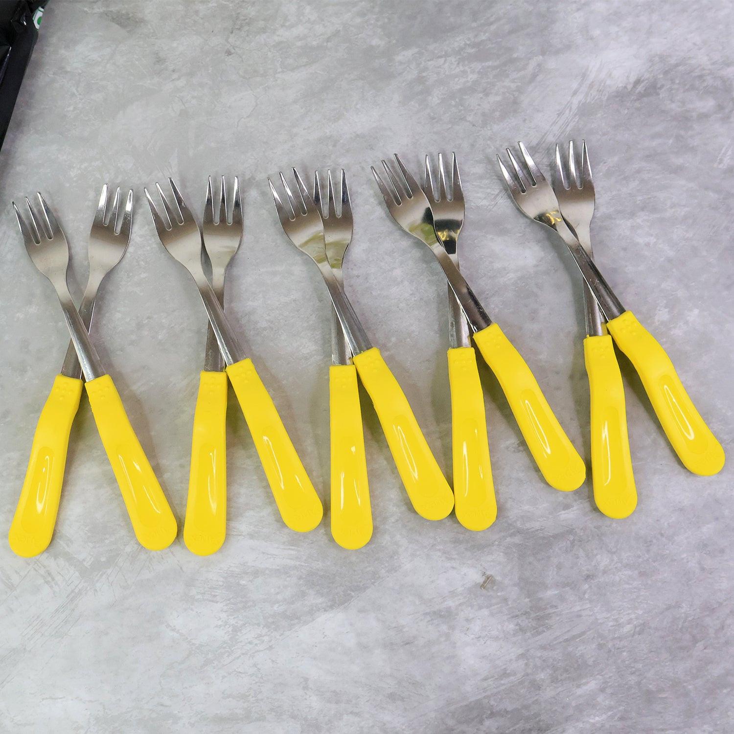Set of stainless steel big fork set with yellow handles for everyday dining use
