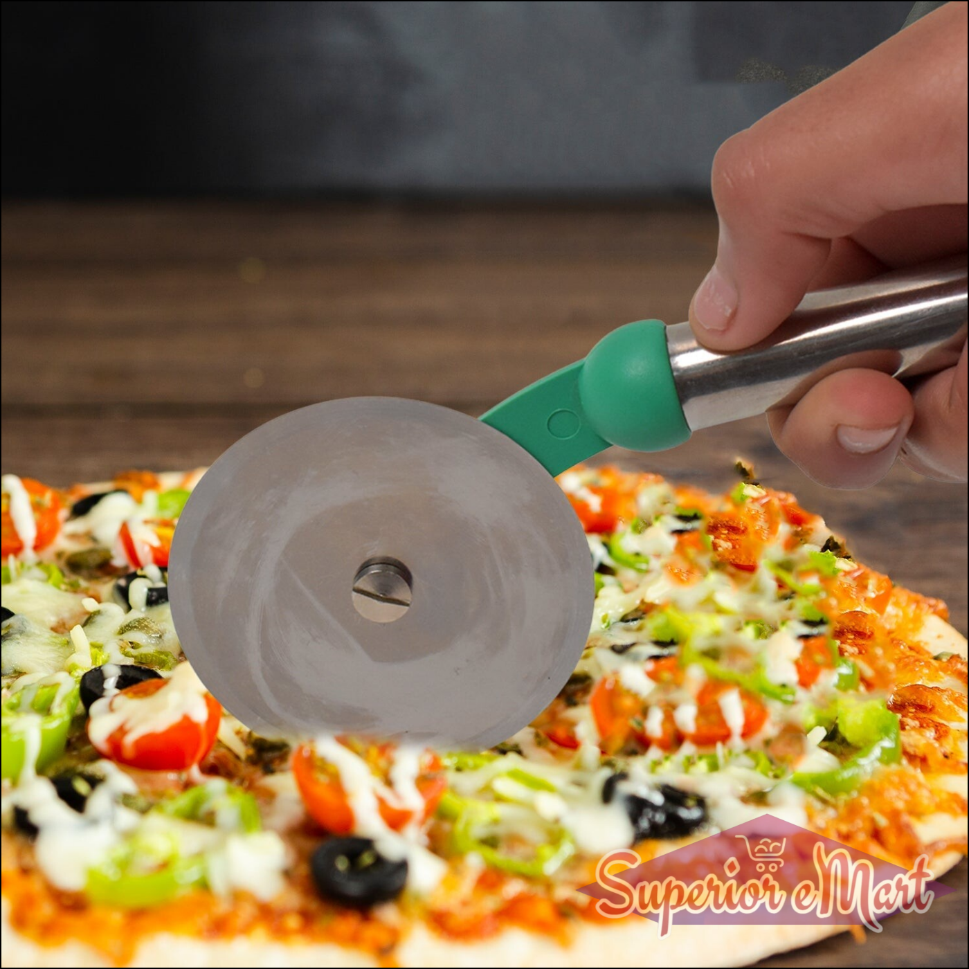 Stainless steel pizza cutter slicing a freshly baked pizza with various toppings