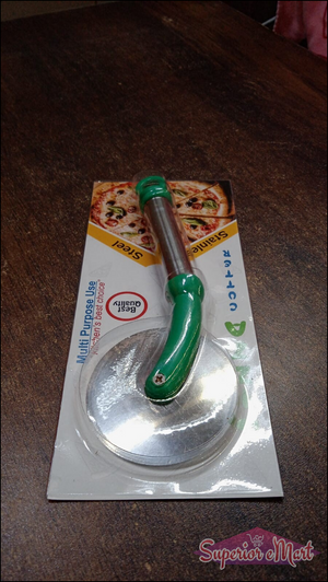 Stainless steel pizza cutter with a green handle packaged for easy use in the kitchen