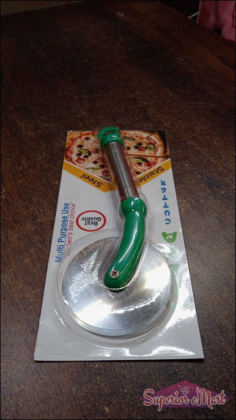 Stainless steel pizza cutter with a green handle packaged for easy use in the kitchen