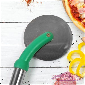 Stainless steel pizza cutter with green handle for effortless slicing through pizza and dough