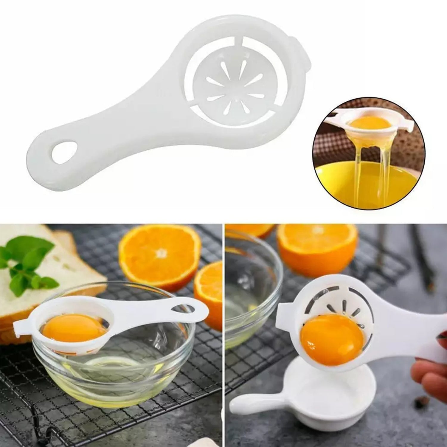 Egg yolk separator kitchen tool in white plastic for easy egg separation in cooking