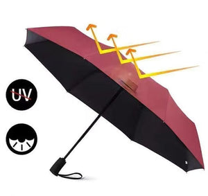 A black and burgundy folding umbrella shown open on a white background, with yellow arrows indicating protection from UV rays and two black circular icons on the left showing additional features.