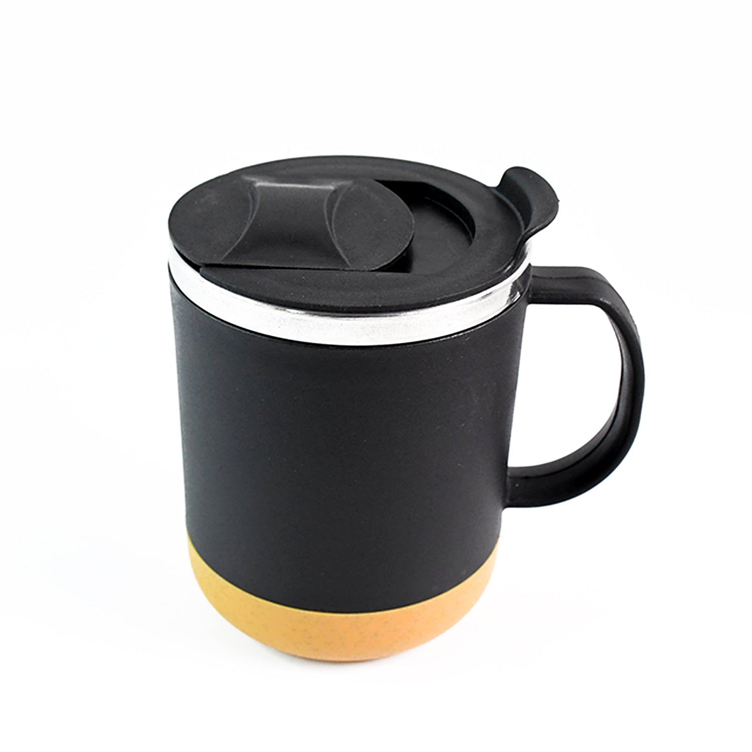 Superior eMart insulated coffee mug with black body and tan base, featuring a handle and secure lid