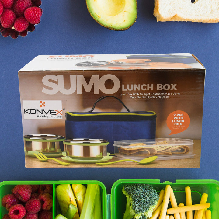 Sumo lunch box with spoon and fork, featuring quality containers for convenient meal storage
