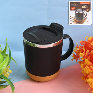 Insulated coffee mug with spill-proof lid featuring a sleek black design and gold base