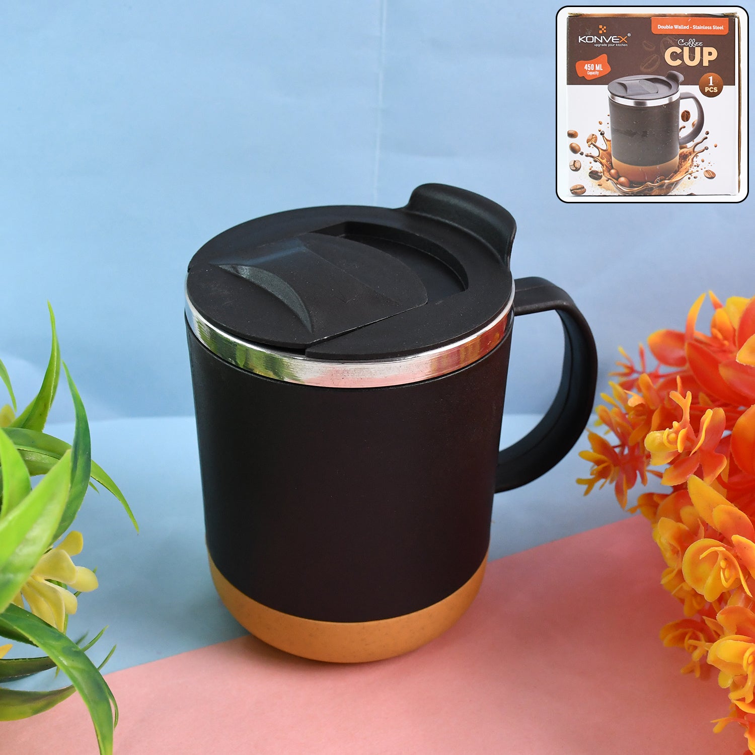 Insulated coffee mug with spill-proof lid featuring a sleek black design and gold base
