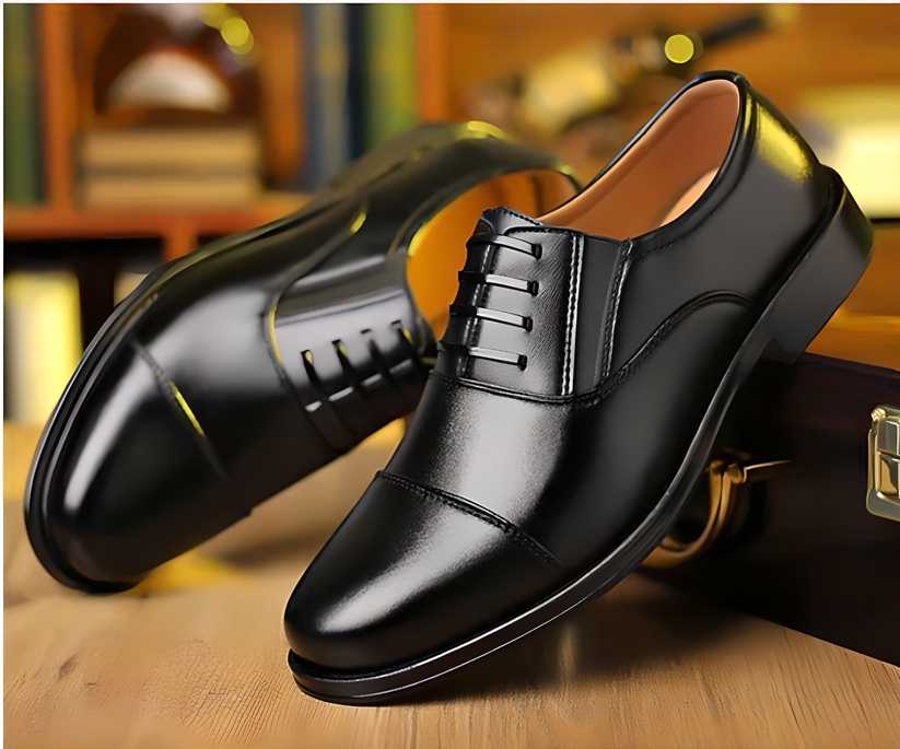 Polished black Oxford cap toe men's smart formal shoes with lace up closure and cushioned inner lining
