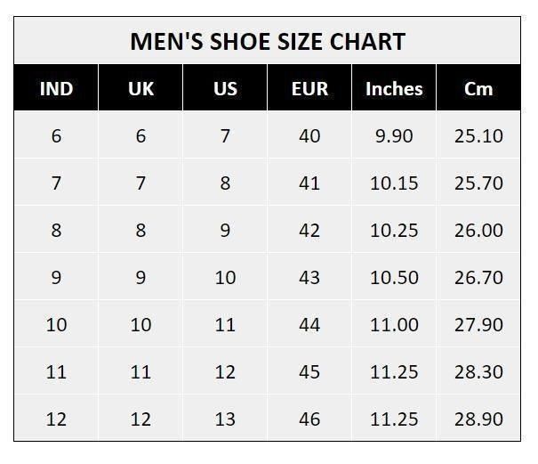 Size chart table showing IND UK US EUR Inches Cm conversions for men's smart formal shoes sizes 6 to 12