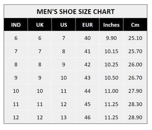 Men's shoe size chart showing IND UK US EUR inches and cm conversions for men's smart formal shoes sizes