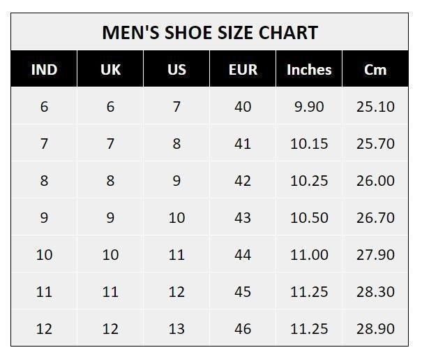 Men's shoe size chart showing IND UK US EUR inches and cm conversions for men's smart formal shoes sizes