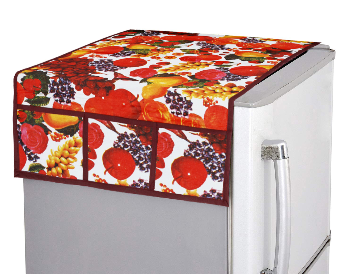 Decorative PVC fridge top cover with a fruit design in white and maroon.