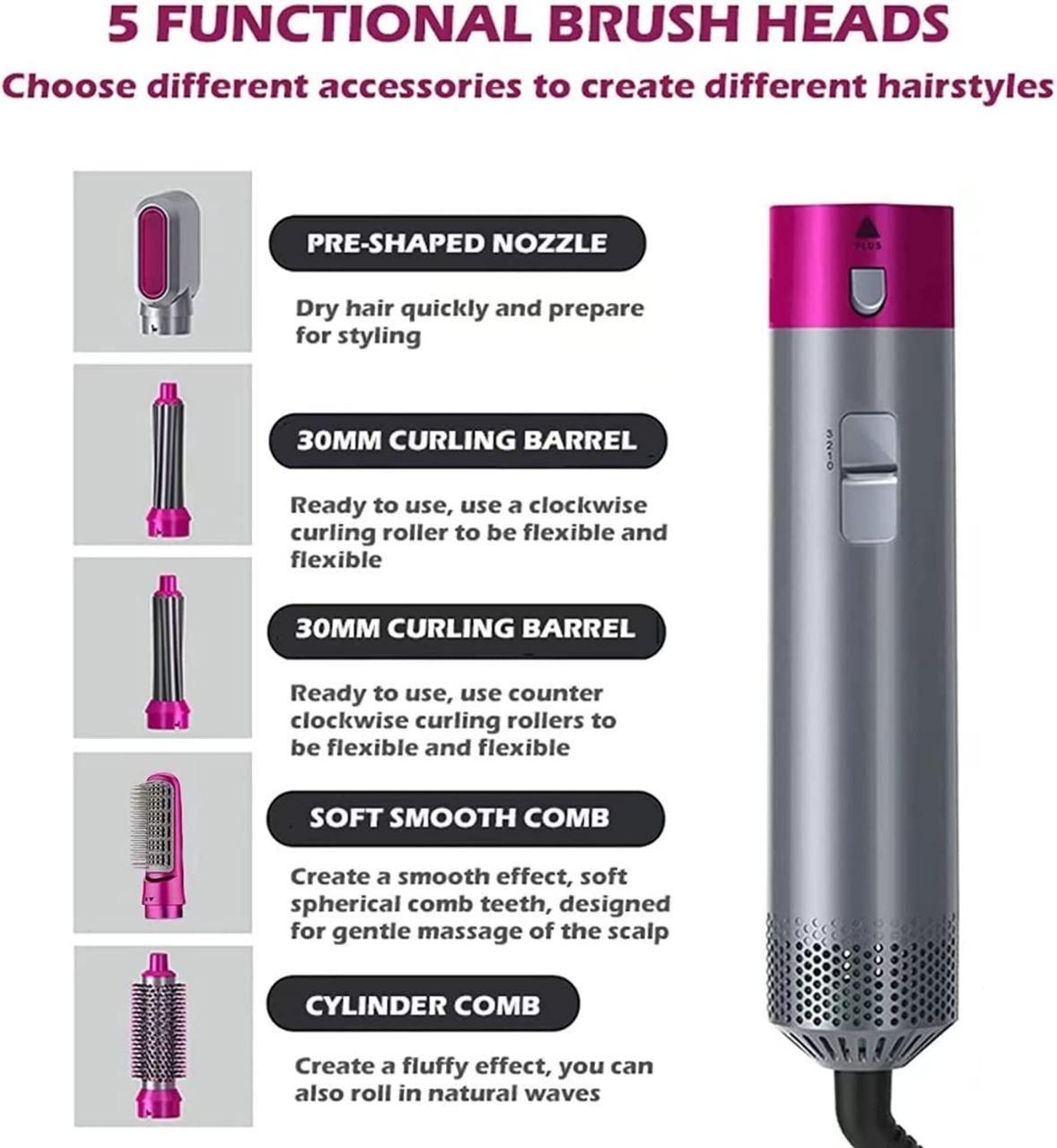 5 in 1 Multifunctional Hair Dryer with various brush heads for diverse styling options