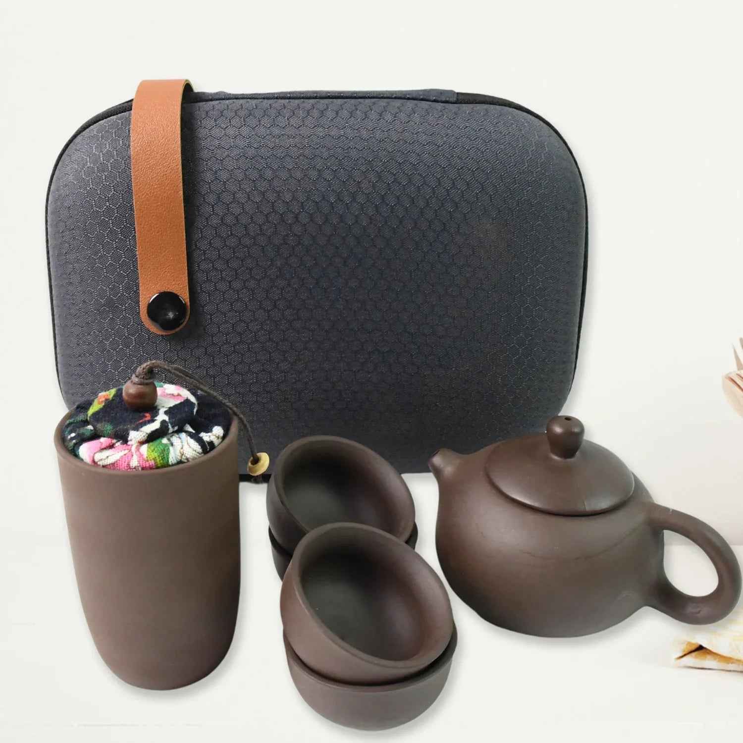 Kung Fu tea set portable with teapot, cups, and storage case for on-the-go tea enthusiasts