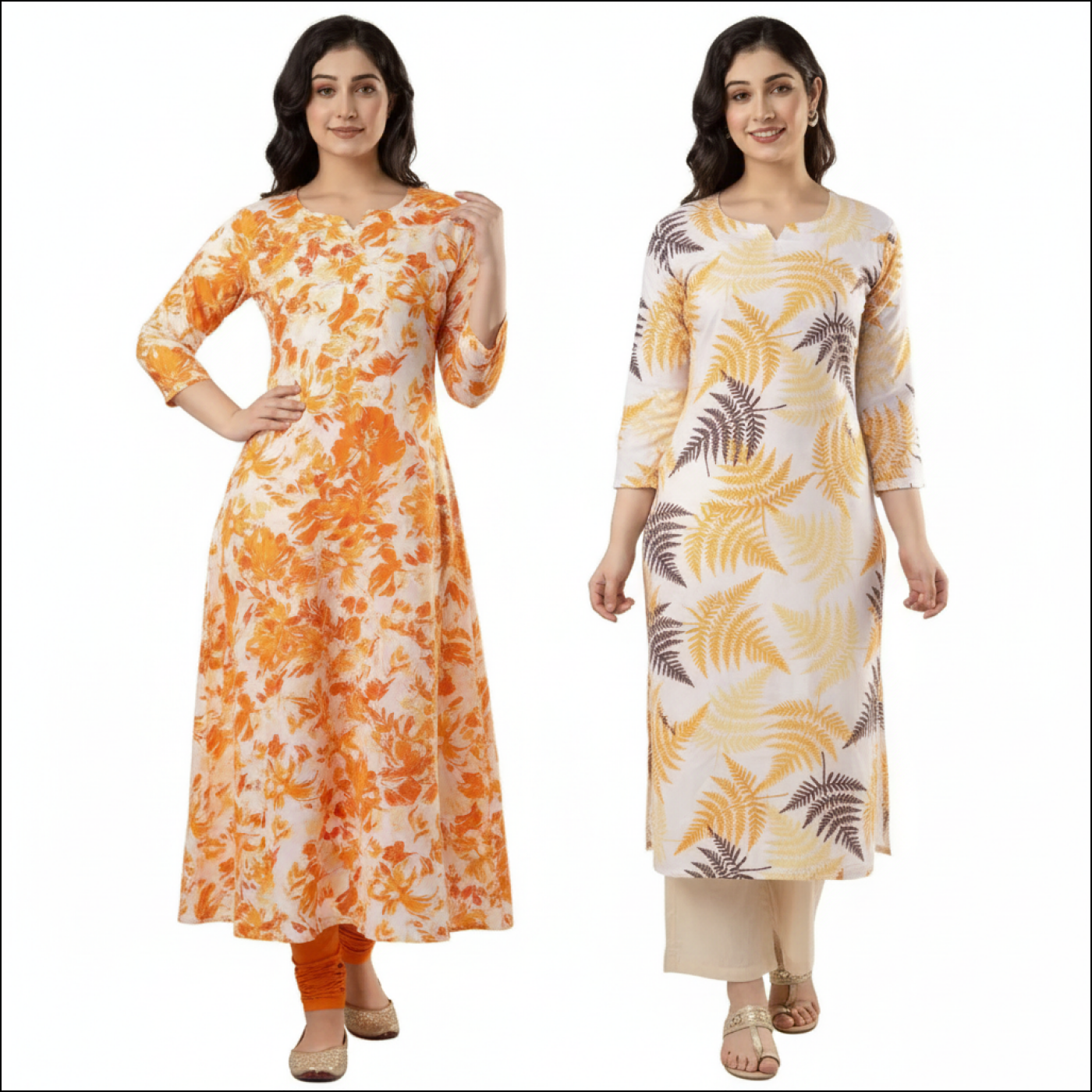 Two women model printed kurtas: an orange floral A-line with leggings and a white fern-print straight-cut with palazzos.