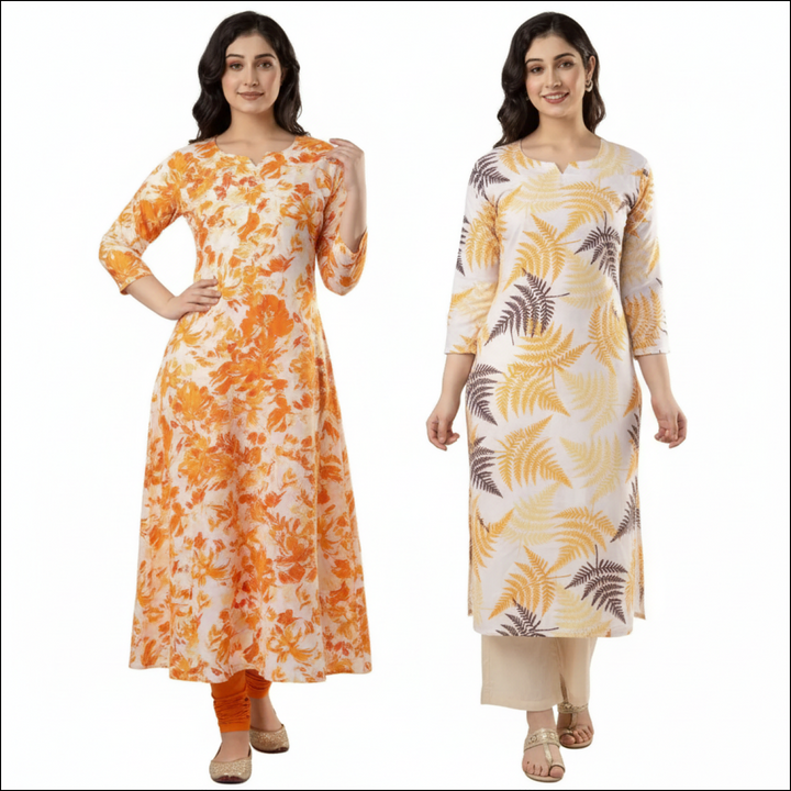 Two women model printed kurtas: an orange floral A-line with leggings and a white fern-print straight-cut with palazzos.