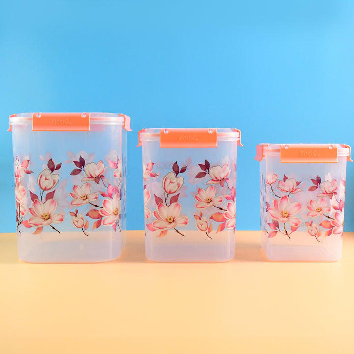 3 Pcs Floral Printed Airtight Storage Containe 2.8 Ltr 4.5 Ltr 6.9 Ltr (3 Pcs Set)