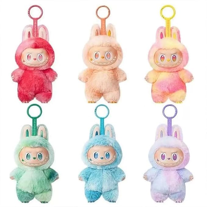 Set of six colorful Laa-buu-buu Collectible Plush Keychain toys with bunny ears and cute faces