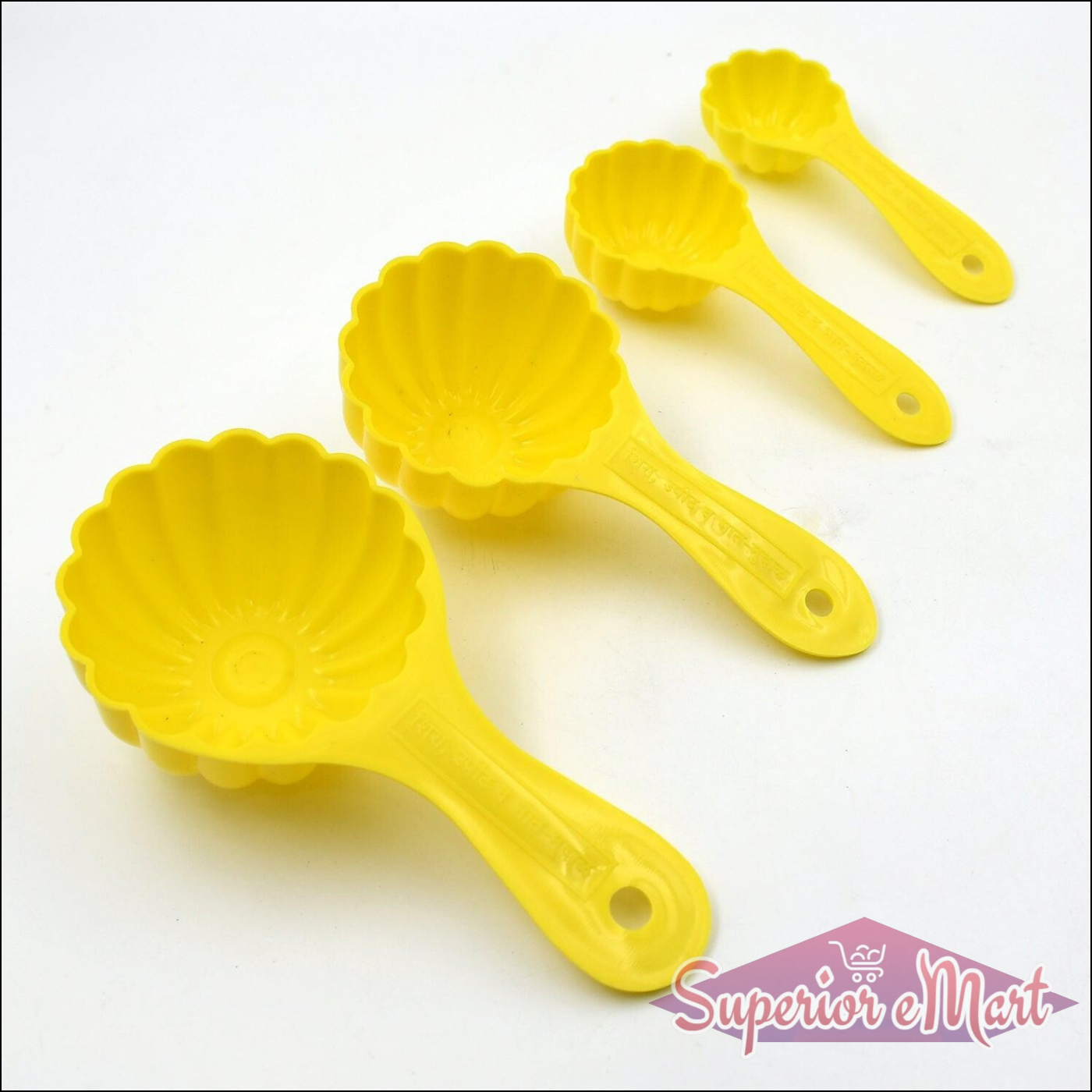 Ladoo mould spoon set in yellow, featuring four sizes for easy dessert preparation