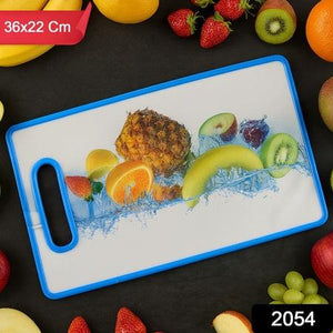 Large fruit print cutting board with vibrant pineapple and assorted fruits design for kitchen use