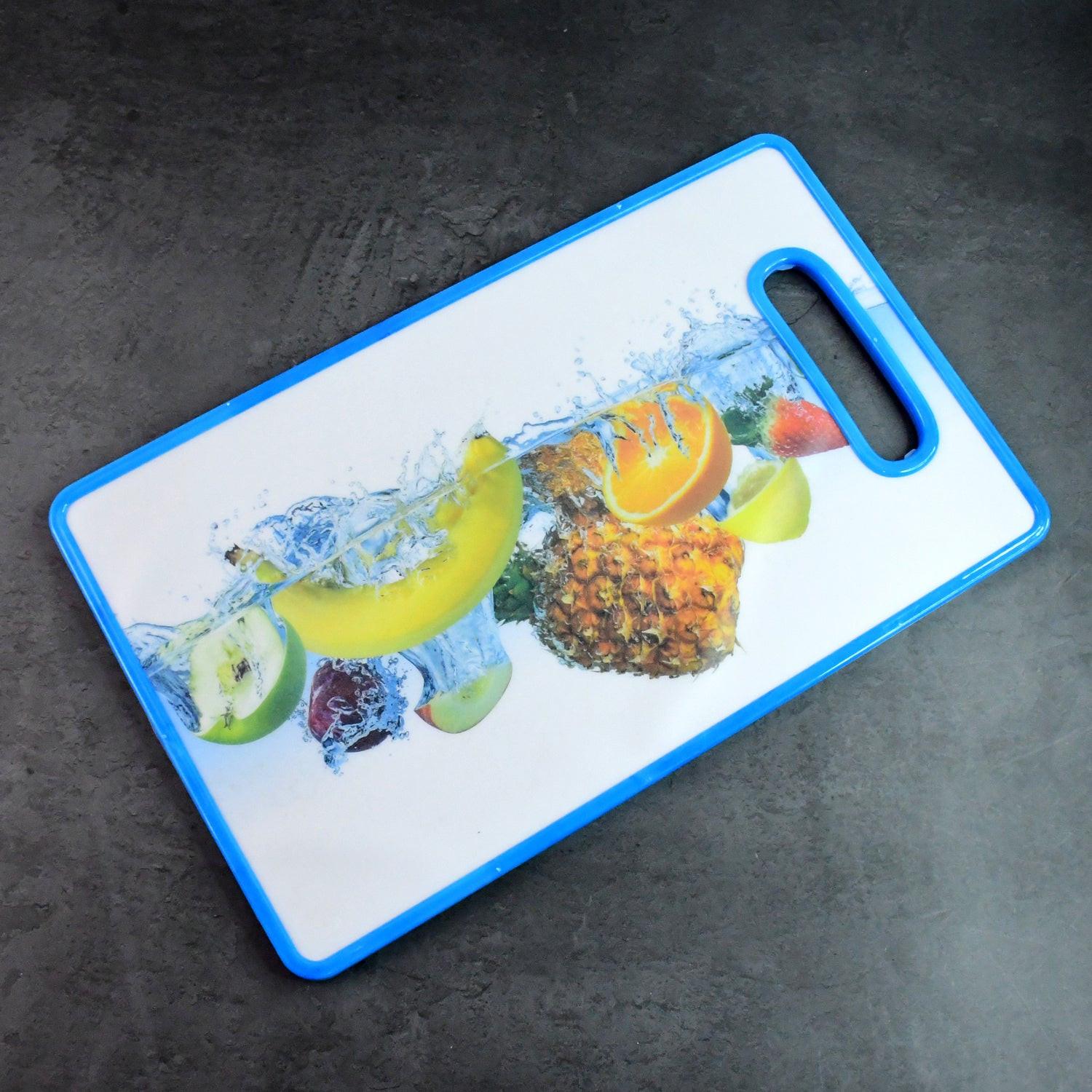 Large fruit print cutting board featuring vibrant images of assorted fruits and water splash