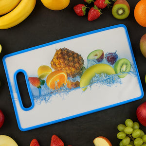 Large fruit print cutting board featuring colorful fruits and a vibrant design for a stylish kitchen