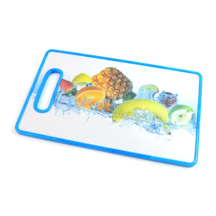 Large fruit print cutting board featuring vibrant fruit designs and a convenient handle