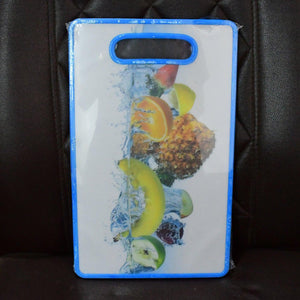 Large fruit print cutting board featuring colorful fruits and a sleek design for kitchen use