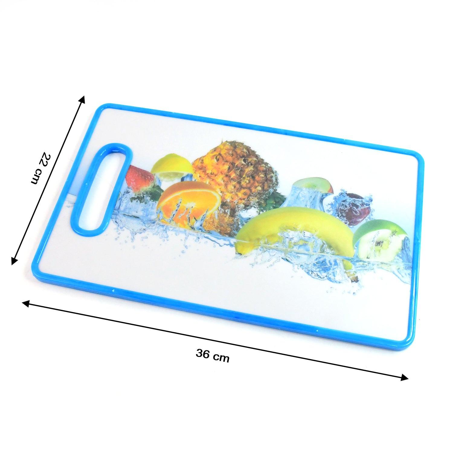 Large fruit print cutting board featuring vibrant fruits and water design for kitchen use