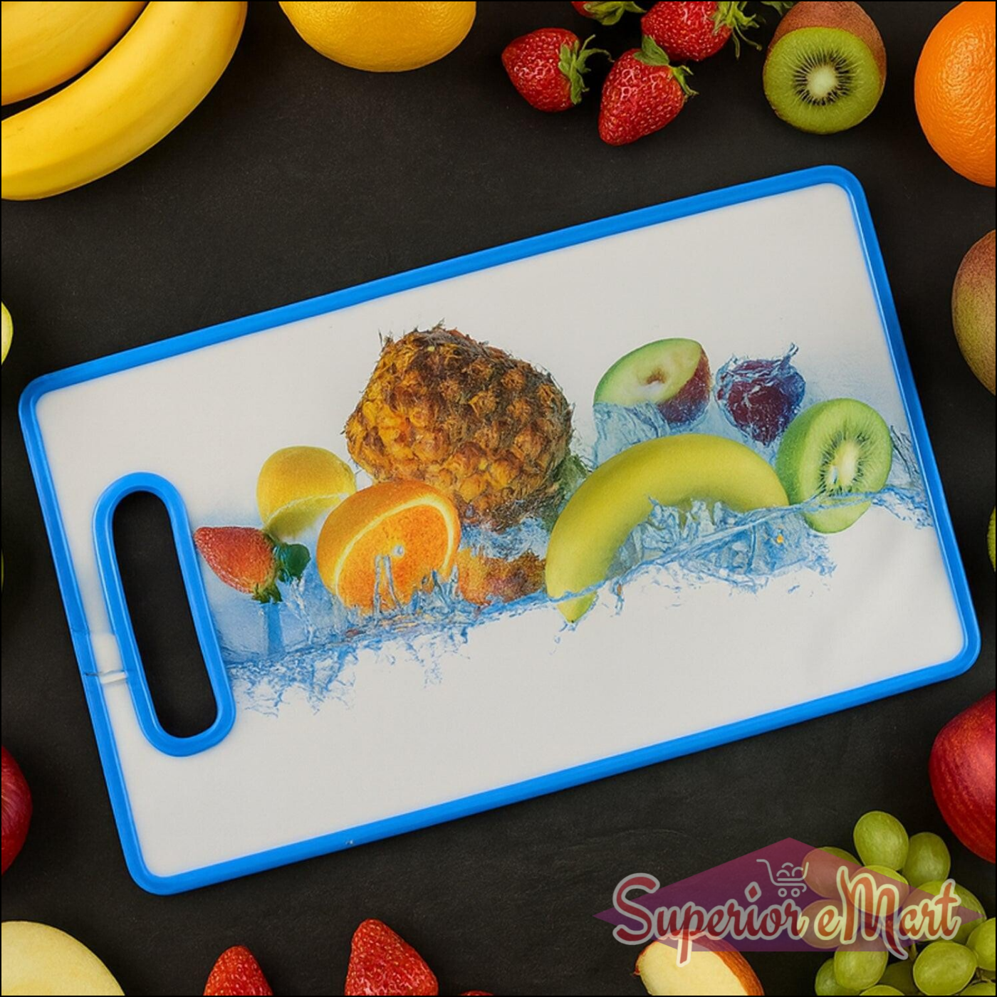 Large fruit print cutting board featuring colorful fruits and a vibrant design for a stylish kitchen