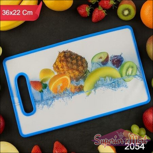 Large fruit print cutting board with vibrant pineapple and assorted fruits design for kitchen use