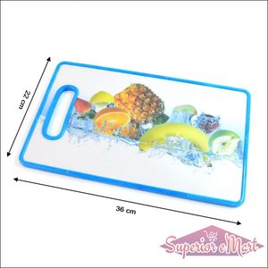 Large fruit print cutting board featuring vibrant fruits and water design for kitchen use