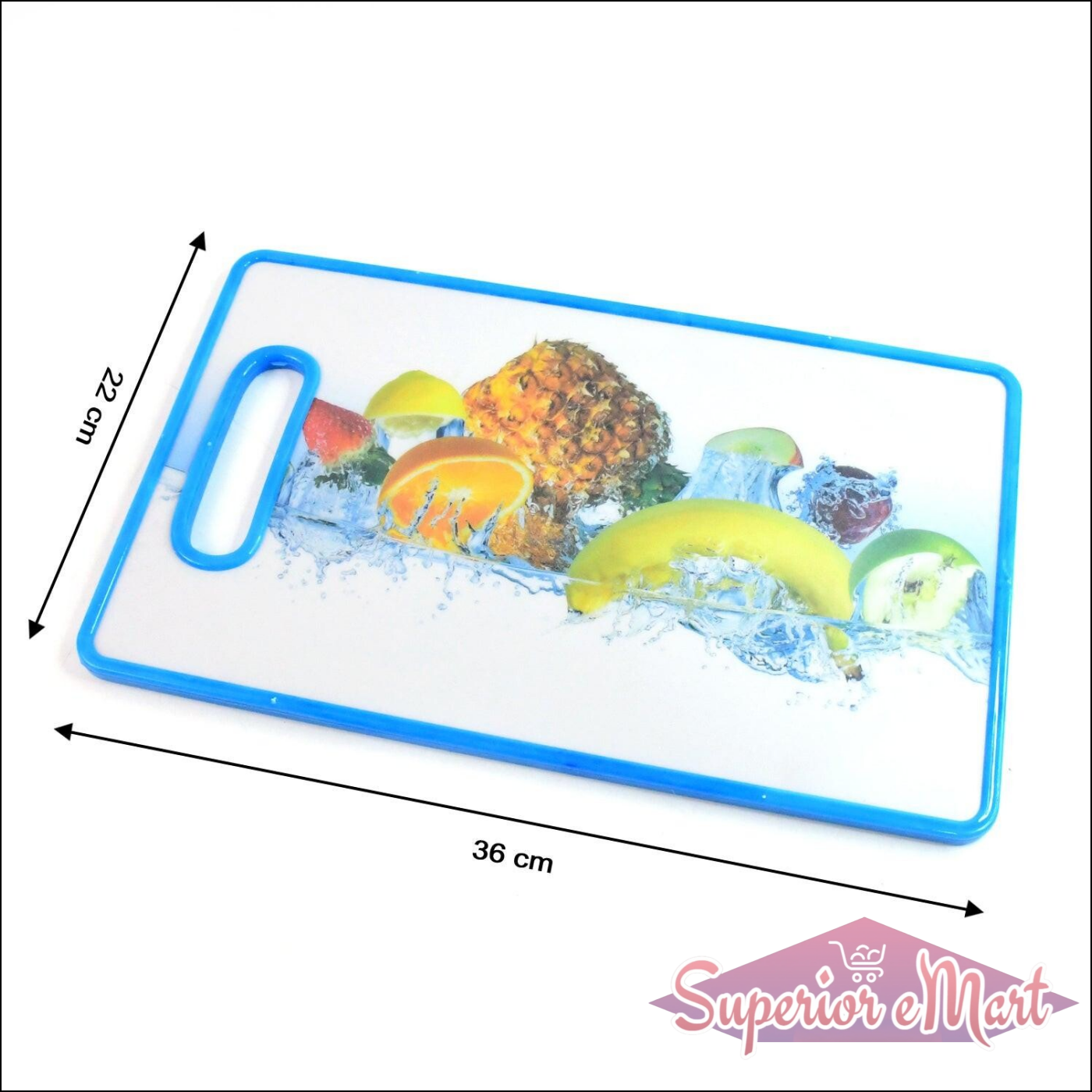 Large fruit print cutting board featuring vibrant fruits and water design for kitchen use