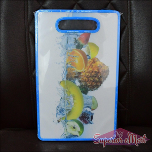 Large fruit print cutting board featuring colorful fruits and a sleek design for kitchen use