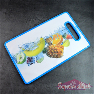Large fruit print cutting board featuring vibrant images of assorted fruits and water splash