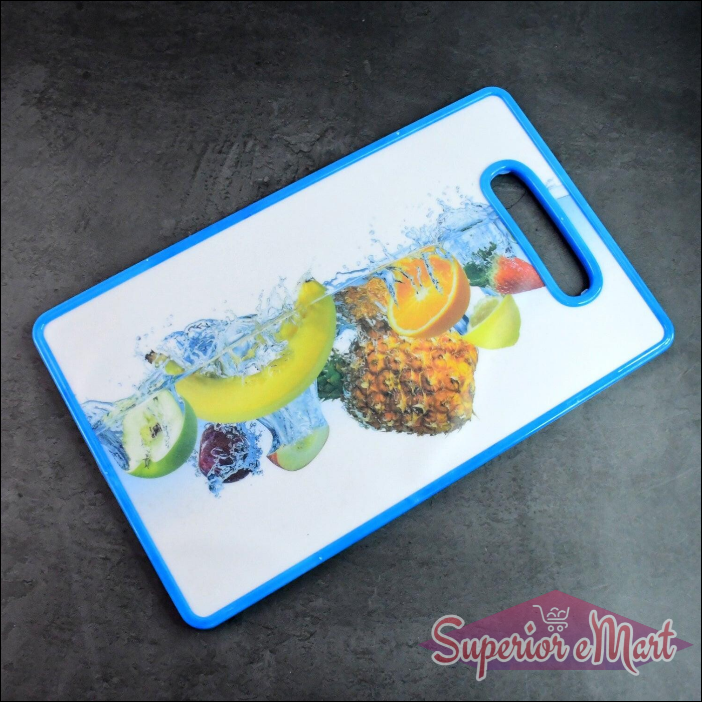 Large fruit print cutting board featuring vibrant images of assorted fruits and water splash