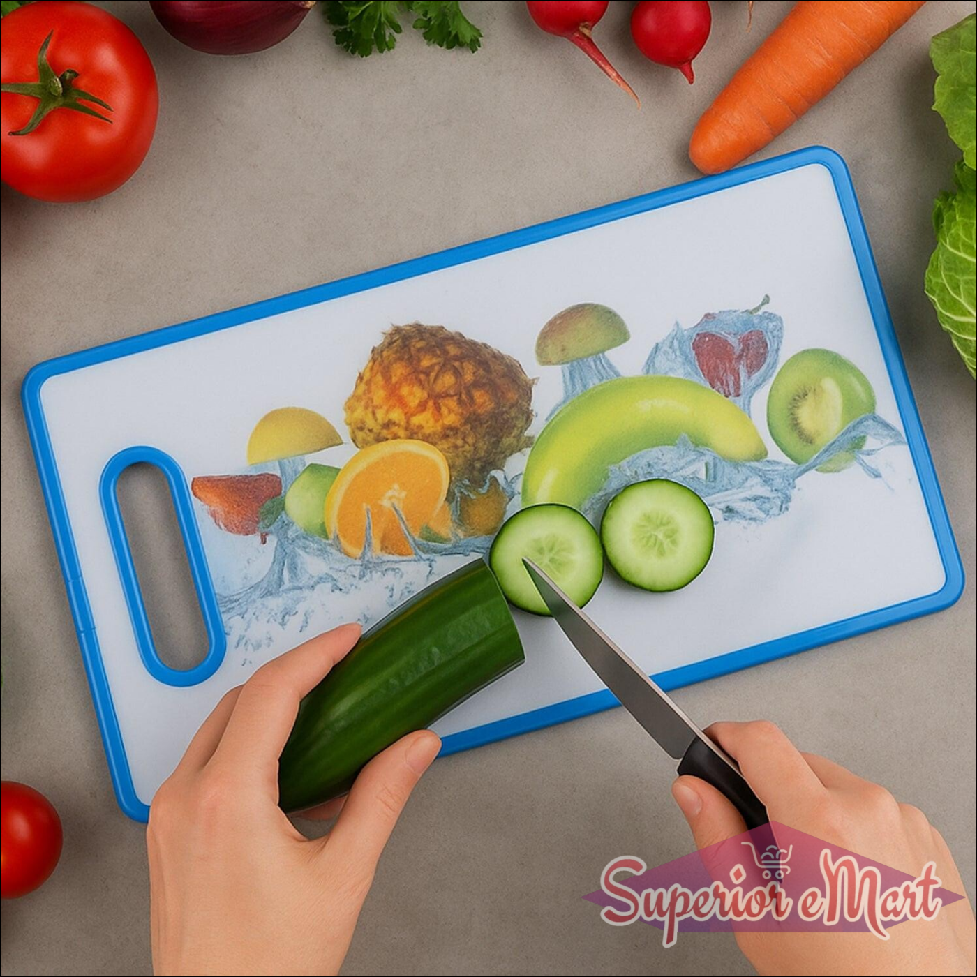 Large fruit print cutting board in use, showcasing vibrant fruits for kitchen prep