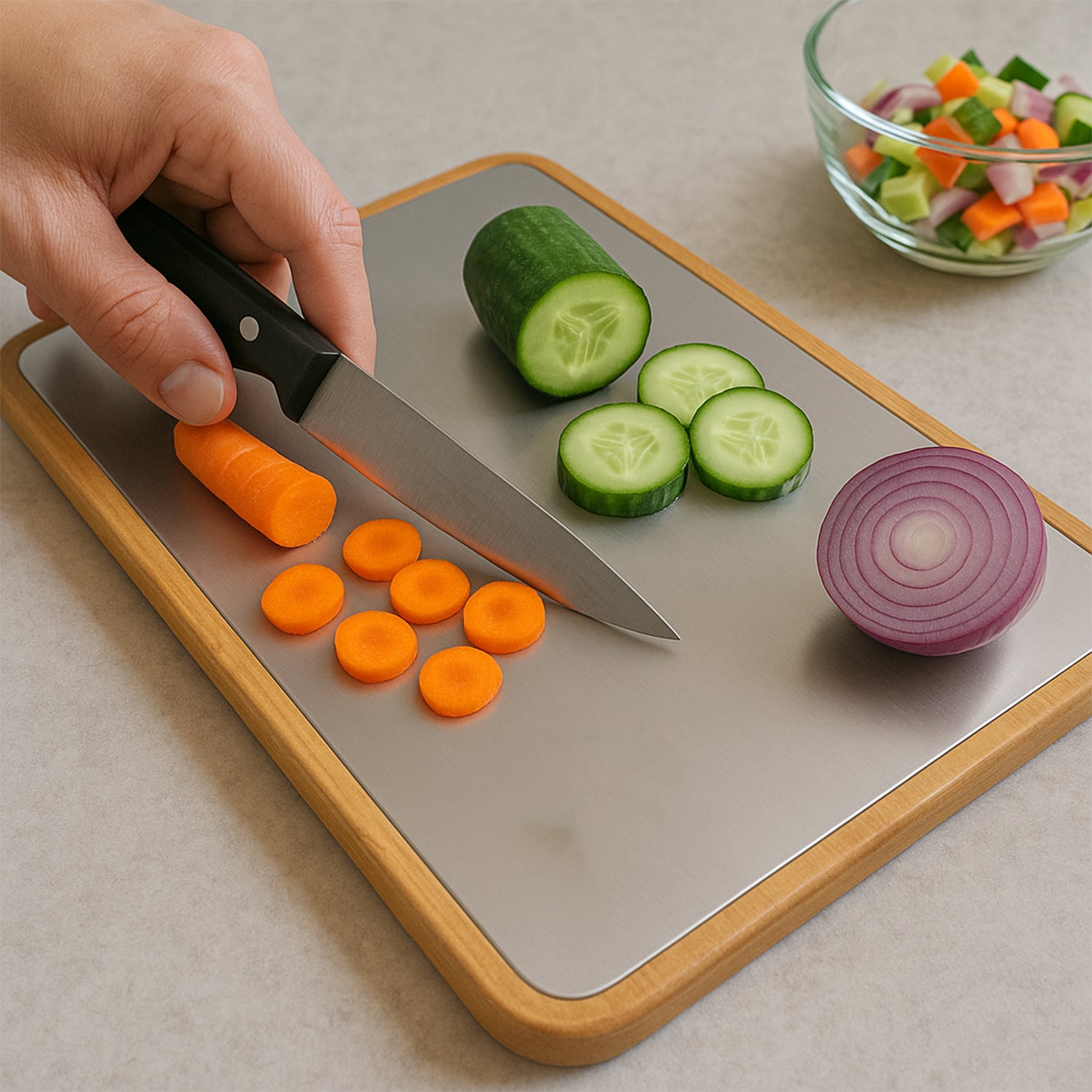 Large stainless steel cutting board with chopped vegetables and a hand holding a knife