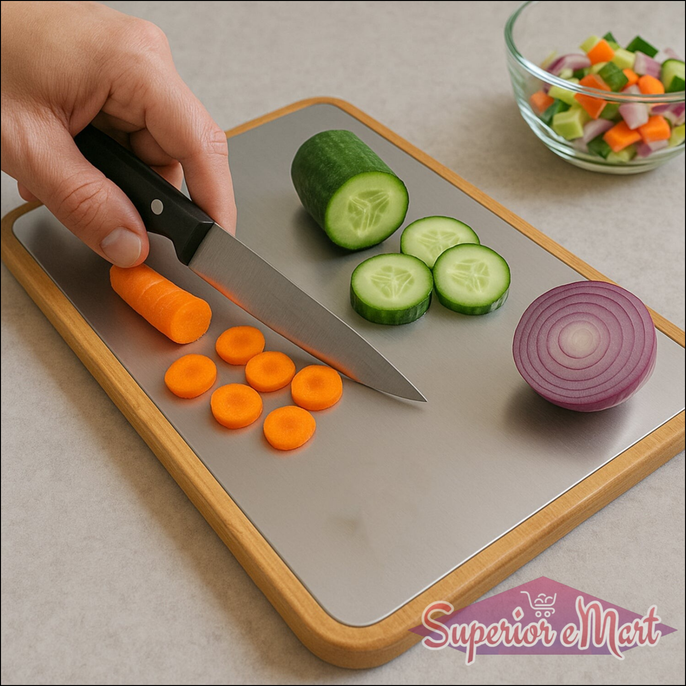 Large stainless steel cutting board with chopped vegetables and a hand holding a knife