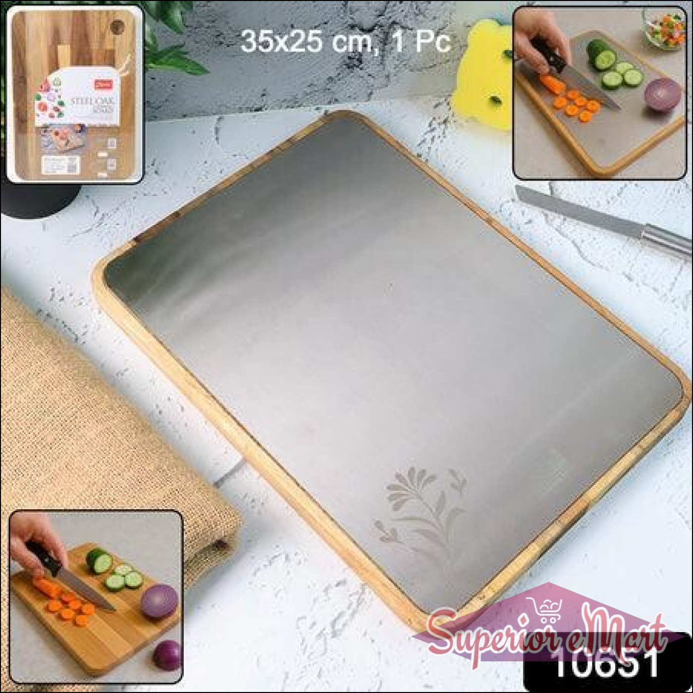 Large stainless steel cutting board with wooden base for versatile kitchen use and easy food preparation