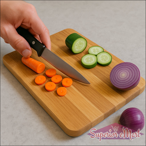 Large stainless steel cutting board with fresh vegetables being sliced including carrots and cucumbers