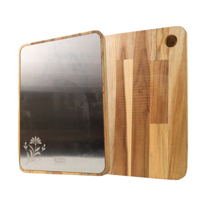 Large stainless steel cutting board with a wooden handle and decorative design for versatile kitchen use