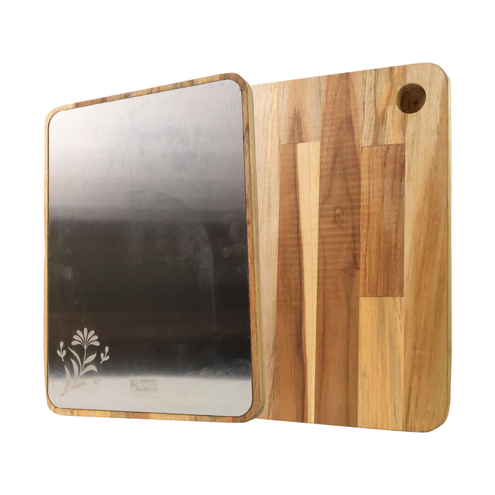 Large stainless steel cutting board with a wooden handle and decorative design for versatile kitchen use