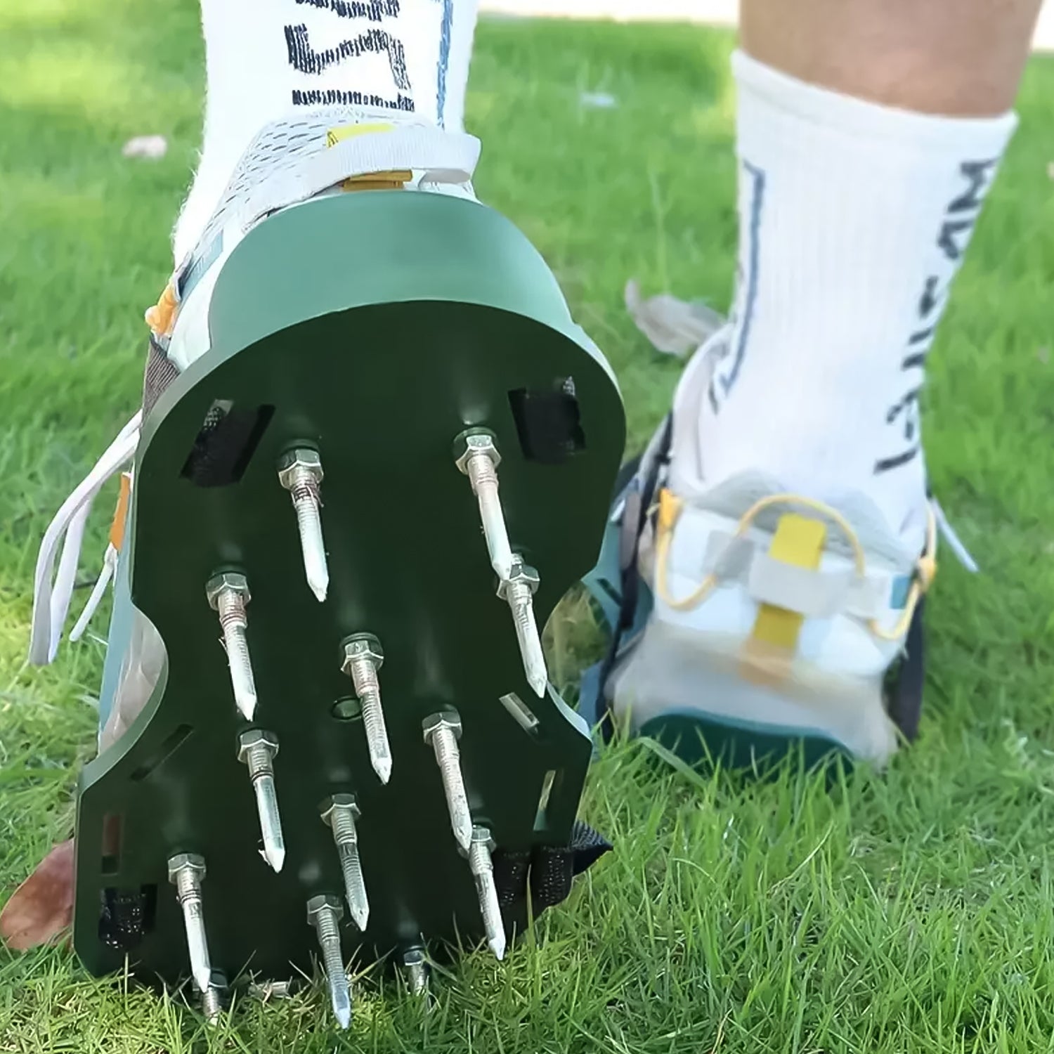 Lawn aerator sandals with metal spikes for effective grass aeration and soil health, ideal for gardening