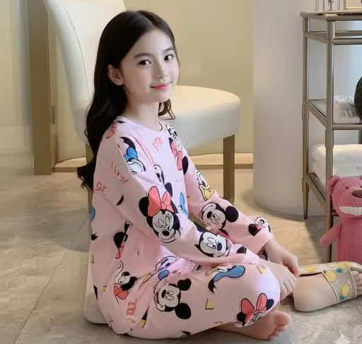 Kids Printed Long Sleeve T-Shirt and Pajamas Night Dress Set