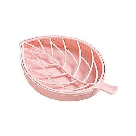 Leaf shape soap holder in pink with a decorative leaf design for stylish bathroom decor