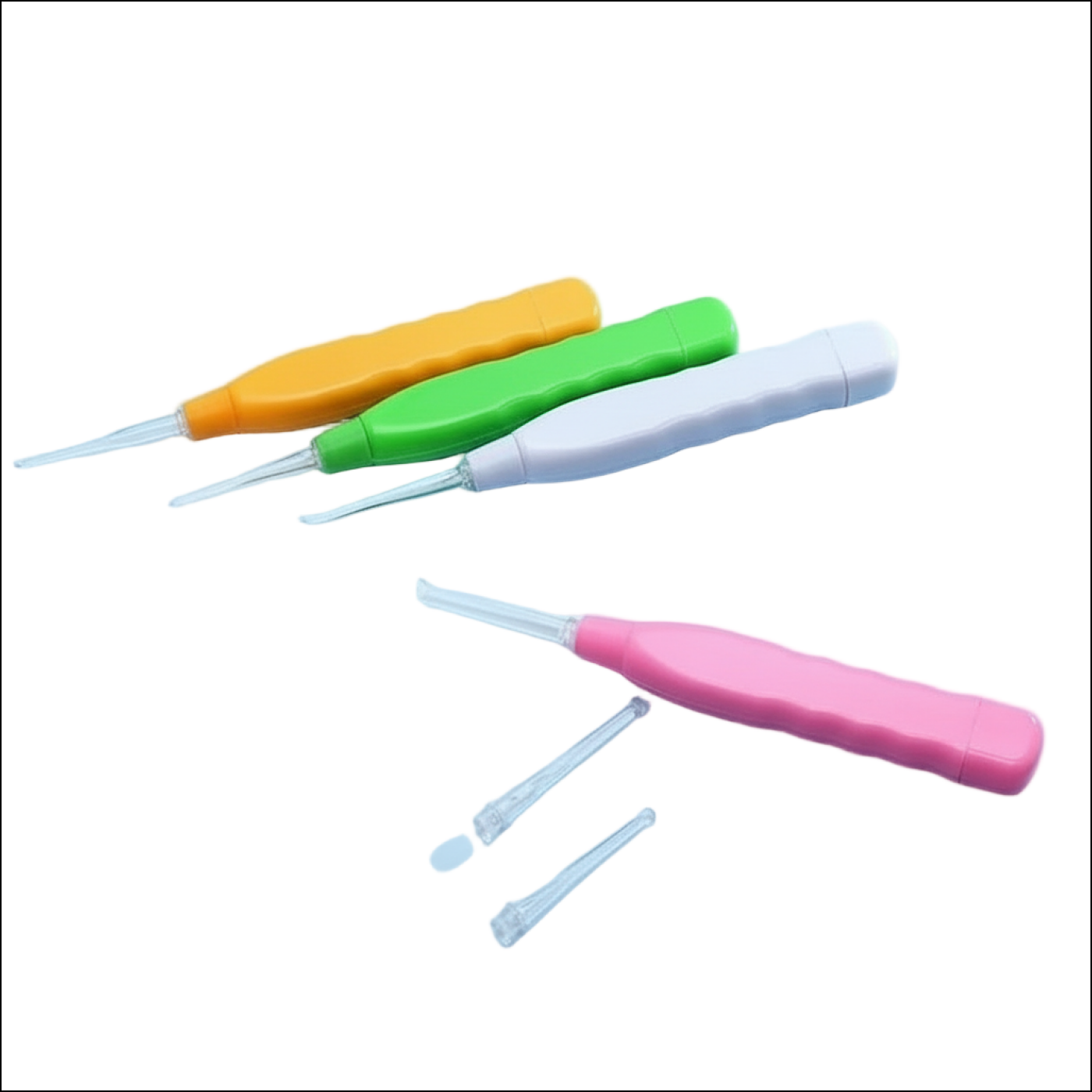 Colorful plastic earwax removal tools in orange, green, white, and pink with contoured handles and clear tips.