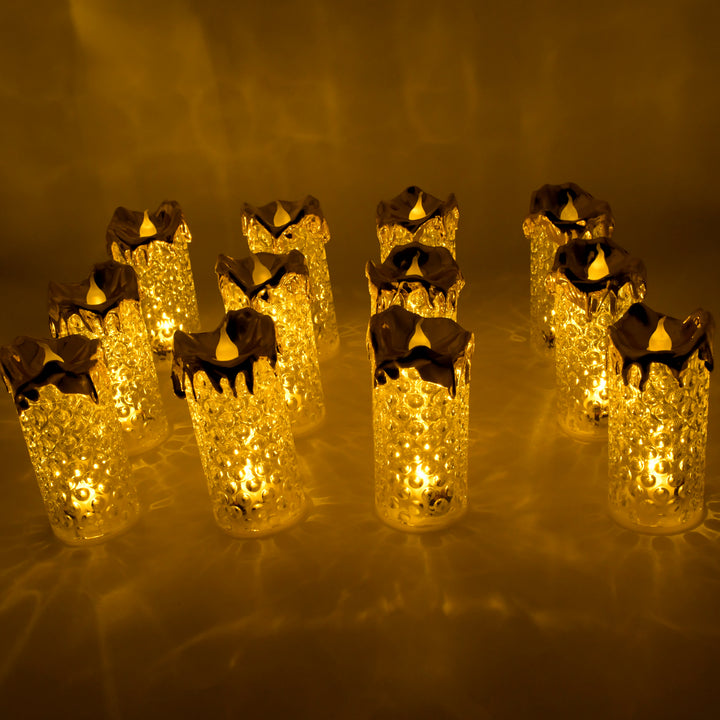 LED flameless candles set with a gold floral design, providing soft, warm glow and safe ambiance for home decor
