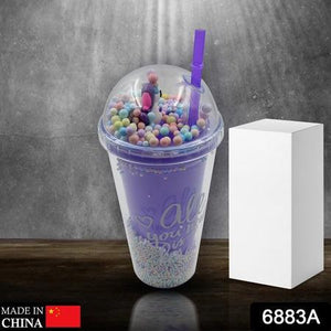 Purple LED glow sipper bottle for kids with colorful beads and a straw