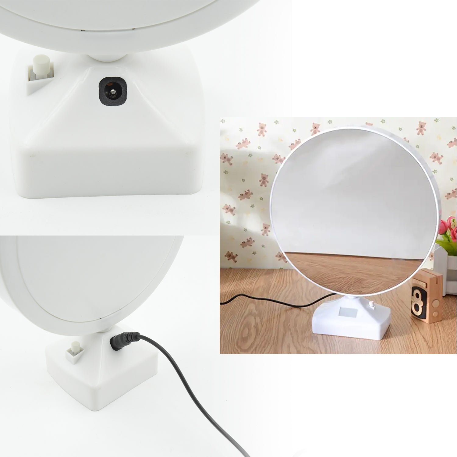 LED mirror photo frame with circular mirror design and power cord for elegant home decor